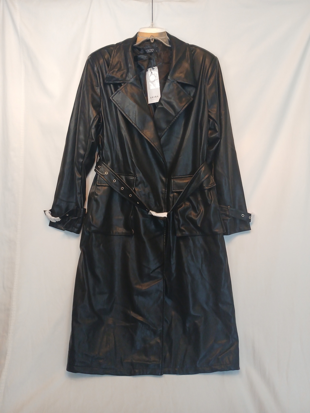 Black Faux Leather Belted Trench Coat XL New! Buttery Soft